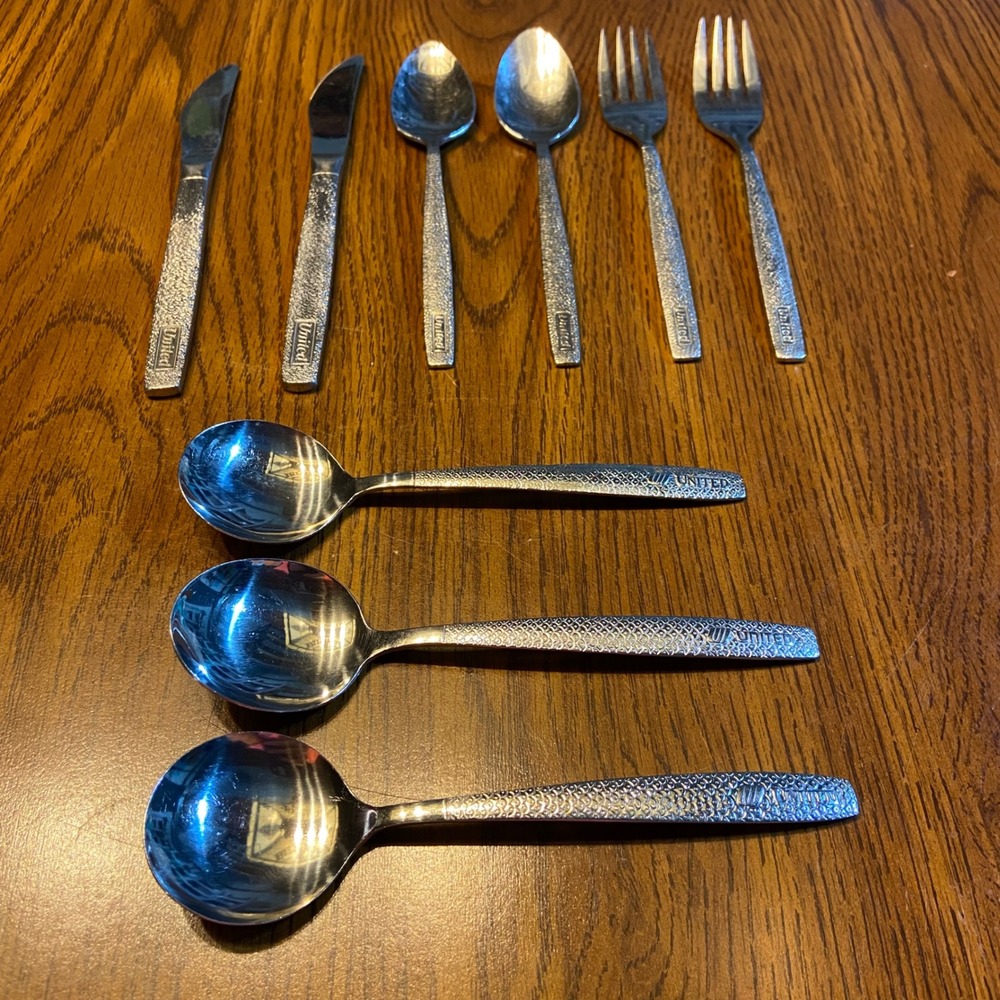 United Airlines Vintage Flatware Lot 9pc ABCO International Stainless Steel MCM